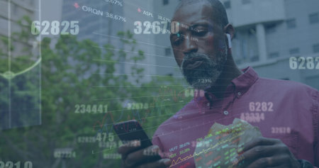 Image of data processing over african american man using smartphone. Global connections, computing,...