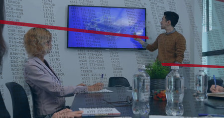 Image of financial data processing over diverse business people in office. Global business, finance,...