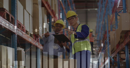 Image of statistic charts over diverse male workers in warehouse. Global finance, statistics,...