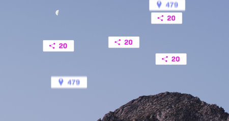 Image of social media icons and rocky shore with blue sky landscape. Global social media,...