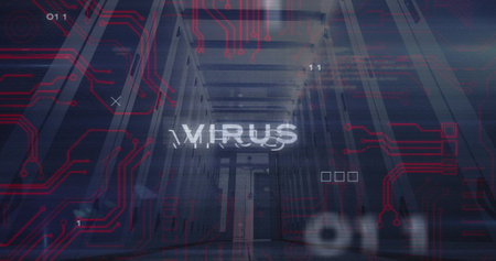 Image of virus text, binary codes and computer language, low angle view of server room. Digital...