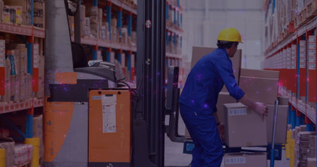 Image of glowing spots of light over caucasian man carrying box working in warehouse,. global...