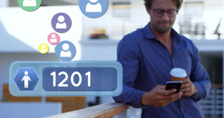 Front view of a man leaning on veranda rails, checking his phone while drinking coffee. A blue followers bar is counting up on the left foreground with follower icons flying upwards. 4kの写真素材