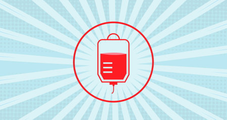Image of blood bag icon and white lines on blue background. blood donation day concept digitally generated image.の写真素材