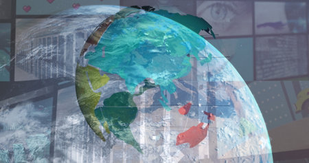 Image of data processing over globe. Global business and digital interface concept digitally generated image.の写真素材