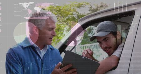 Image of data processing over caucasian male deliverer with colleague. Global business and digital interface concept digitally generated image.の写真素材