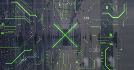 Image of x symbol with binary codes over circuit board pattern on server racks. Digital composite, multiple exposure, coding, networking, technology and network server concept.の写真素材