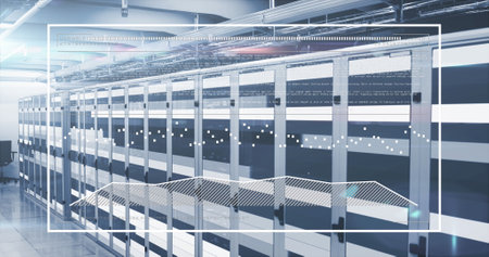 Image of statistical data processing against light trails over computer server room. Global...