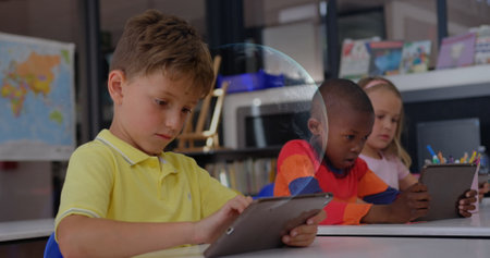 Image of financial data processing and globe over diverse schoolchildren in class. Global education,...