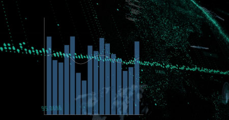 Image of statistical data processing against black background. Computer interface and business data technology conceptの写真素材