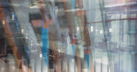 Image of statistical data processing against warehouse in background. Logistics business and data...