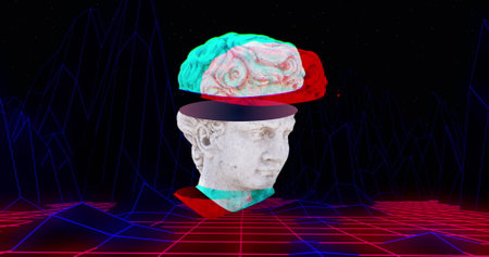 Image of antique head sculpture with grid metaverse background. Abstract, art, colour and movement concept digitally generated image.の写真素材