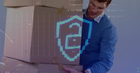 Image of data processing over caucasian man carrying boxes. Global business and digital interface...