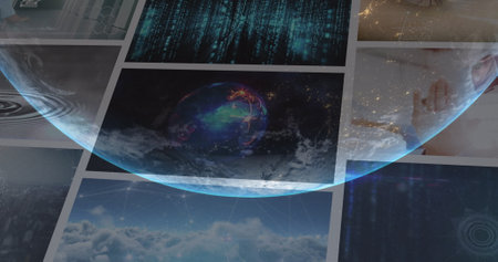 Image of globe over multiple different images. Global business and digital interface concept digitally generated image.の写真素材
