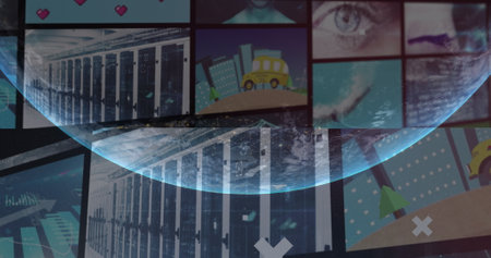 Image of globe and icons over multiple different images. Global business and digital interface concept digitally generated image.の写真素材