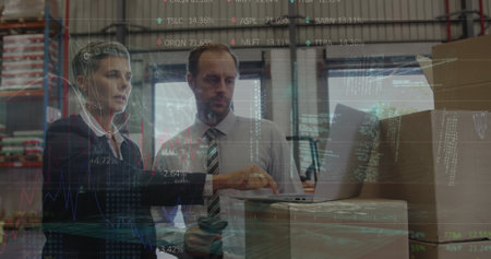 Image of data processing over caucasian workers in warehouse. Global business and digital interface...