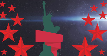 Image of red stars and statue of liberty silhouette on black background with light. American...