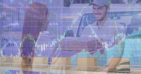 Image of financial data processing over business people working in office. Global shipping delivery...