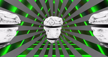 Image of antique sliced head sculptures over neon tunnel on black background. Abstract, art, colour and movement concept digitally generated image.の写真素材