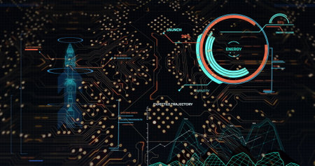 Digital image of data processing over microprocessor connections on black background. Computer interface and business technology conceptの写真素材