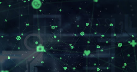 Network of medical icons over digital interface with data processing against blue background. Medical research and science technology conceptの写真素材