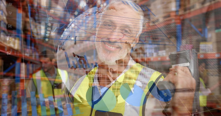 Image of statistical data processing over caucasian male worker checking stock at warehouse....