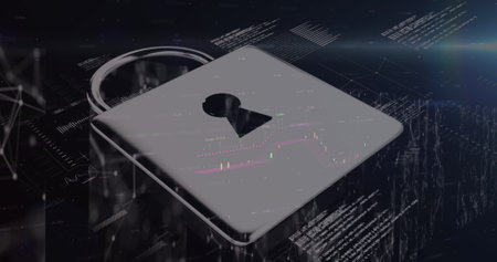 Image of data data, financial graphs and digital padlock on navy background. Data processing,...