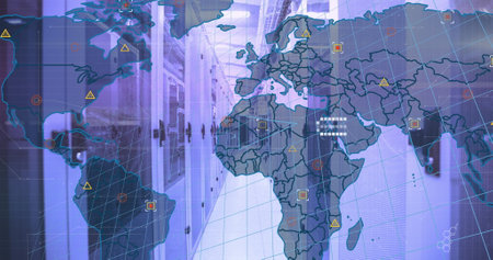 Image of world map and data processing over computer servers. Global computing and data processing concept digitally generated image.の写真素材