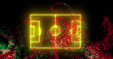 Image of red and green digital wave over neon yellow soccer field layout on black background. Sports and techology conceptの写真素材