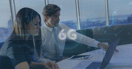 Image of 6g text and microprocessor connections over businessman and businesswoman discussing. Global networking and business technology conceptの写真素材