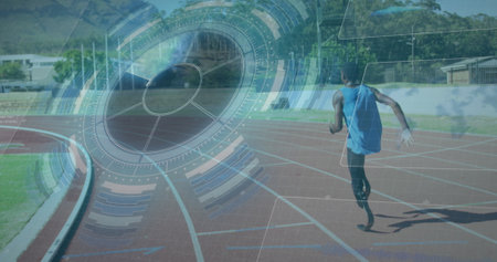 Image of digital data over african american disabled man training with running blade. Sport, disability, durability and technology concept digitally generated image.の写真素材