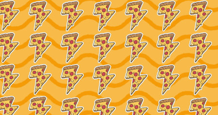 Image of pizza icons over over waves on yellow background. celebration and digital interface concept digitally generated image.の写真素材