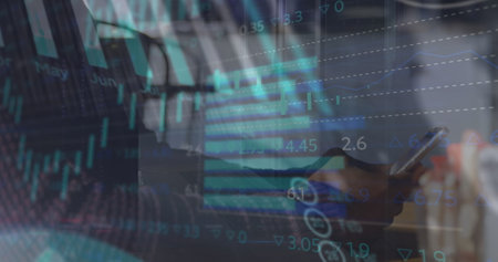 Image of data processing over african american man using smartphone. Global business and digital interface concept digitally generated image.の写真素材