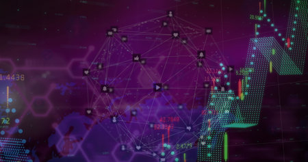 Image of network of connections with icons over globe and screens. Global connections networks and digital interface concept digitally generated image.の写真素材