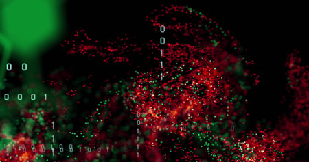 Image of red and green digital wave floating over binary coding against black background. Techology background conceptの写真素材