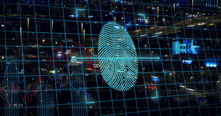 Image of digital fingerprint with grid over time lapse of vehicles moving on street in city. Digital...