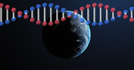 Image of dna strand spinning over globe. global science, digital interface, technology and networking concept digitally generated image.の写真素材