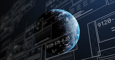 Image of computing data processing over globe. Global computing, digital interface and data...