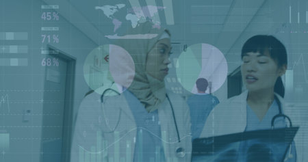 Image of data processing over diverse doctors. global medicine, healthcare and data processing concept digitally generated image.の写真素材