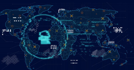 Image of online security padlock, markers and data processing over world map. global connections, digital interface and data processing concept digitally generated image.の写真素材