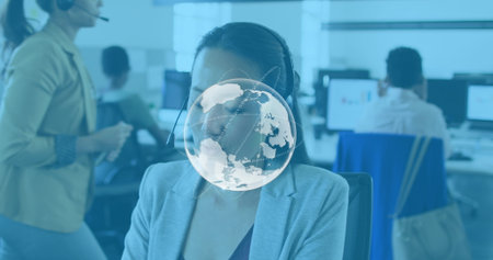 Image of digital globe over man using smartphone. Global business and digital interface concept...