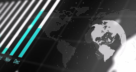 Digital image of statistical data processing over globe and world map on black background. Computer interface and business technology conceptの写真素材