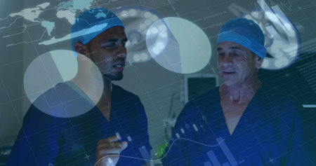 Image of financial graphs over diverse male doctors. Medicine, health, doctor profession, finance...