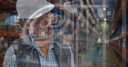 Image of data processing over caucasian senior male supervisor checking stock at warehouse. Logistics and business technology conceptの写真素材