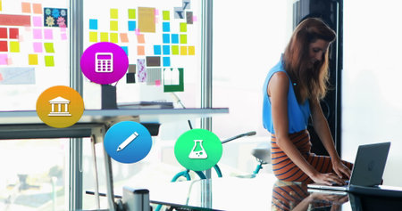 Image of colorful icons over caucasian woman using laptop. Global social media, icons and digital...