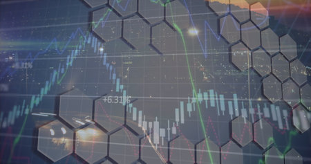 Image of data processing on blue background. Global business and digital interface concept digitally generated image.の写真素材