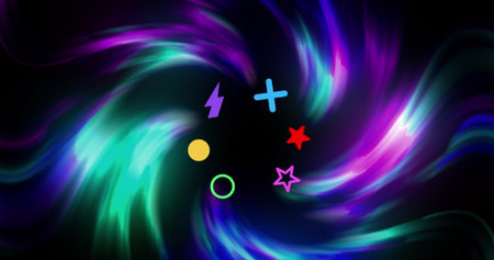 Image of colorful shapes over light trails on black background. Global social media, icons and...