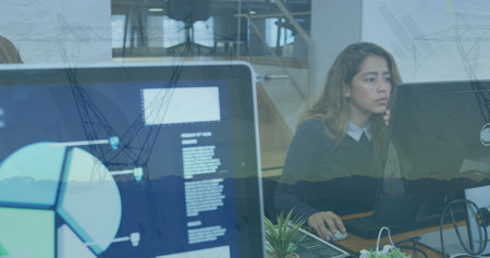 Image of statistical data processing over biracial woman using computer against network towers. Global networking and business data technology conceptの写真素材