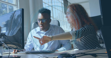Image of scope scanning over diverse business people. Global business, finances and digital...
