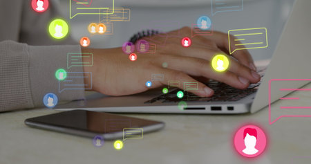 Image of message boxes and profile icons, cropped hands of caucasian woman working on laptop....